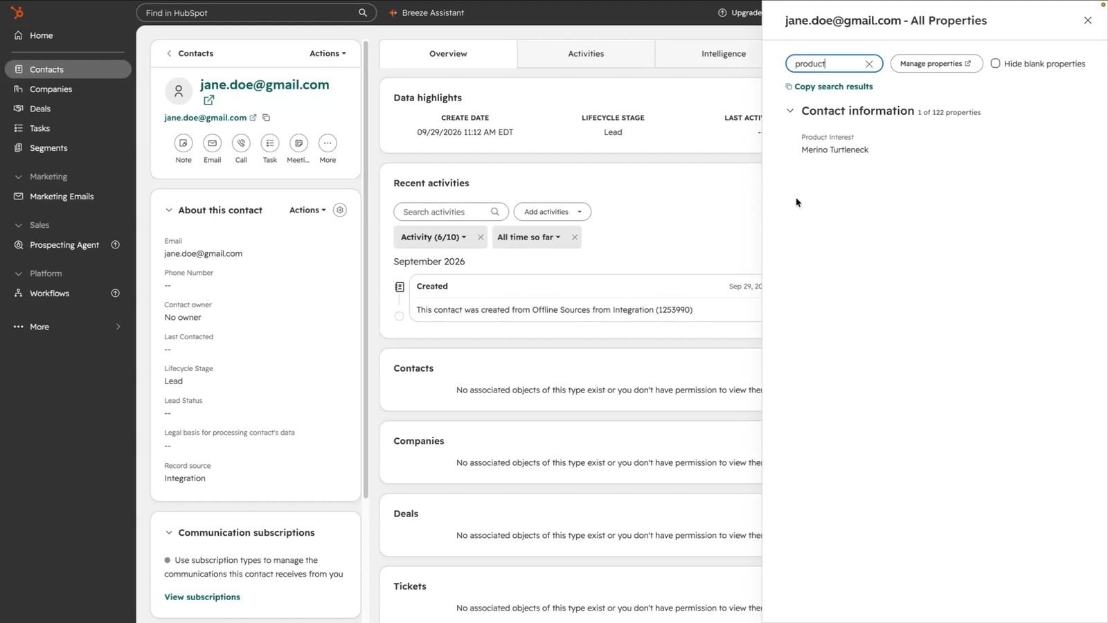 HubSpot contact record created by the BlueConic integration, with Product Interest set to Merino Turtleneck.
